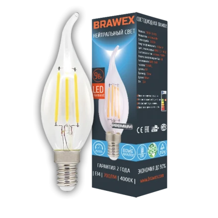Светодиодная (LED) лампа BRAWEX Ф-18 ФИЛАМЕНТ 9Вт яркий свет B35Q Е14 C35QF-E14-9N