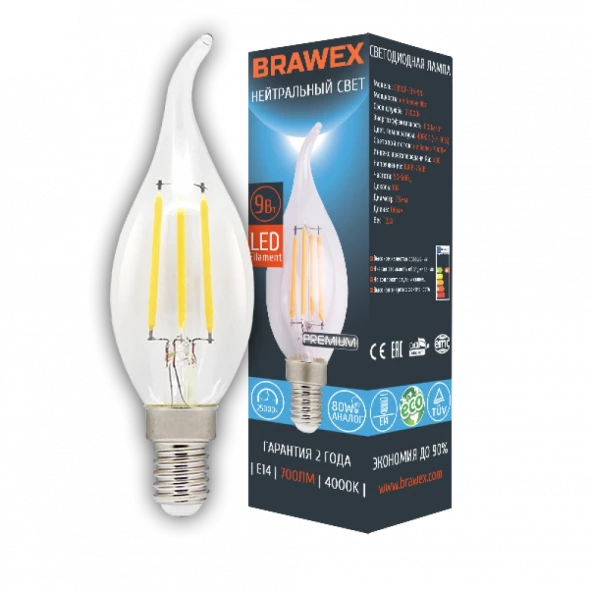 Светодиодная (LED) лампа BRAWEX Ф-18 ФИЛАМЕНТ 9Вт яркий свет B35Q Е14 C35QF-E14-9N
