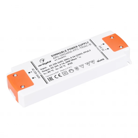 Блок питания ARV-SN24050-PFC-TRIAC-B (24V, 2.1A, 50W) (Arlight, IP20 Пластик, 3 года) Артикул 026407(1)